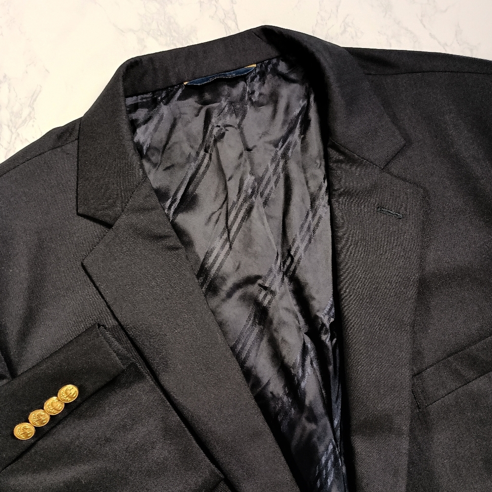 Brooks‎ Brothers Madison Fit Black 100% Wool Blazer 48L Gold Buttons Italy